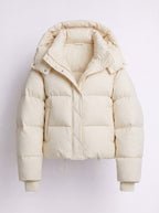 Front view of an off-white hooded cropped puffer jacket, laid flat on a white background.