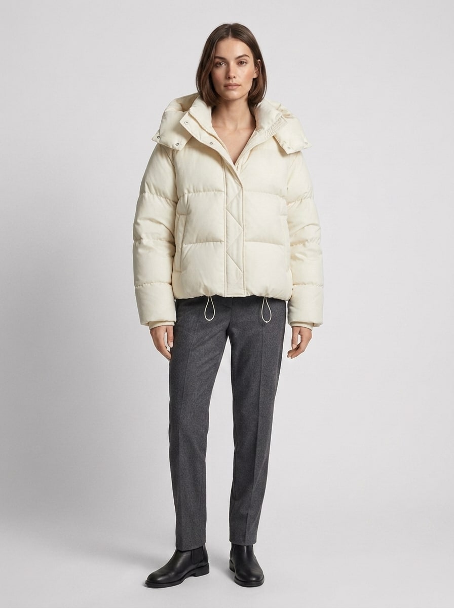 Front view of a woman wearing a cream-colored puffer jacket, grey trousers, and black boots, standing against a white background.