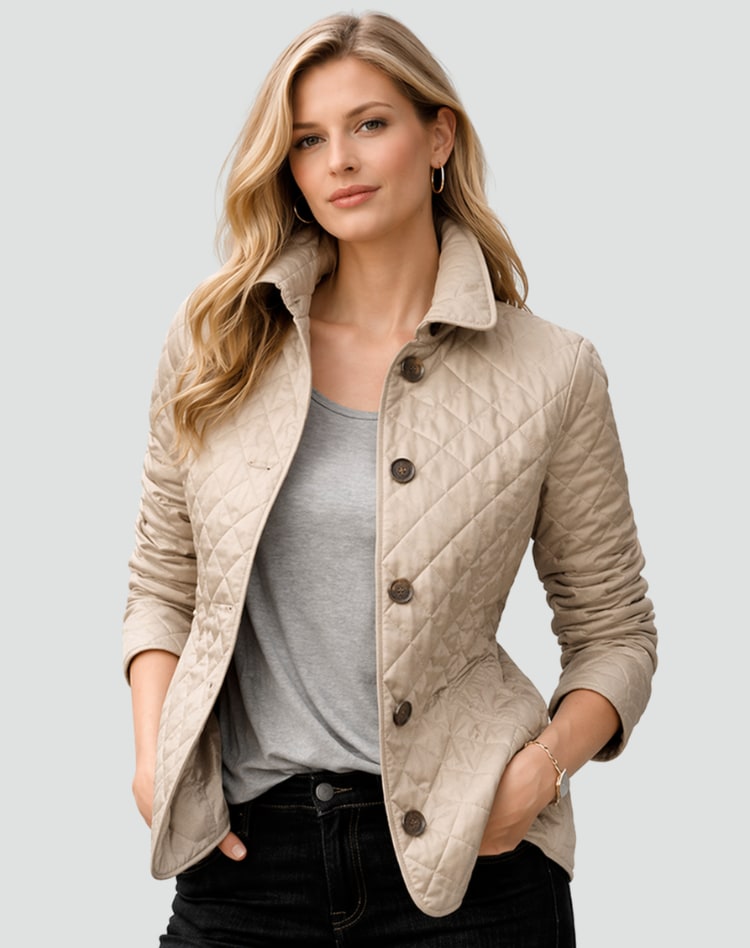 Front view of a woman wearing a tan diamond quilted jacket over a grey t-shirt, with plaid-lined cuffs rolled.