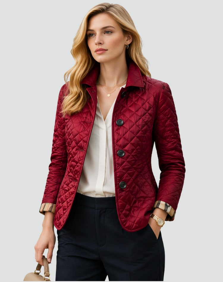 Front view of a woman wearing a red diamond quilted jacket over a white blouse, with plaid-lined cuffs rolled.